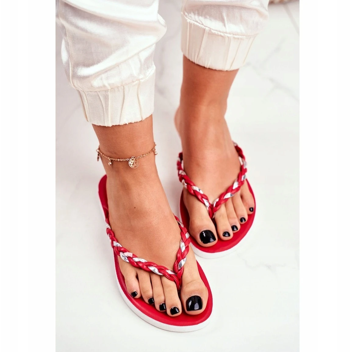 PS1 Chaussons Femme Tongs Ceinture Tressée Rouge Peggie – Image 3