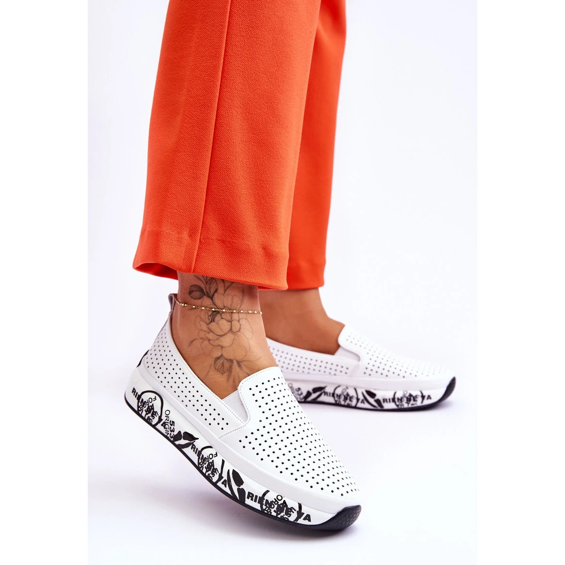 S.Barski Baskets Slip-On Ajourées En Cuir Blanc Gedra Blanche – Image 3