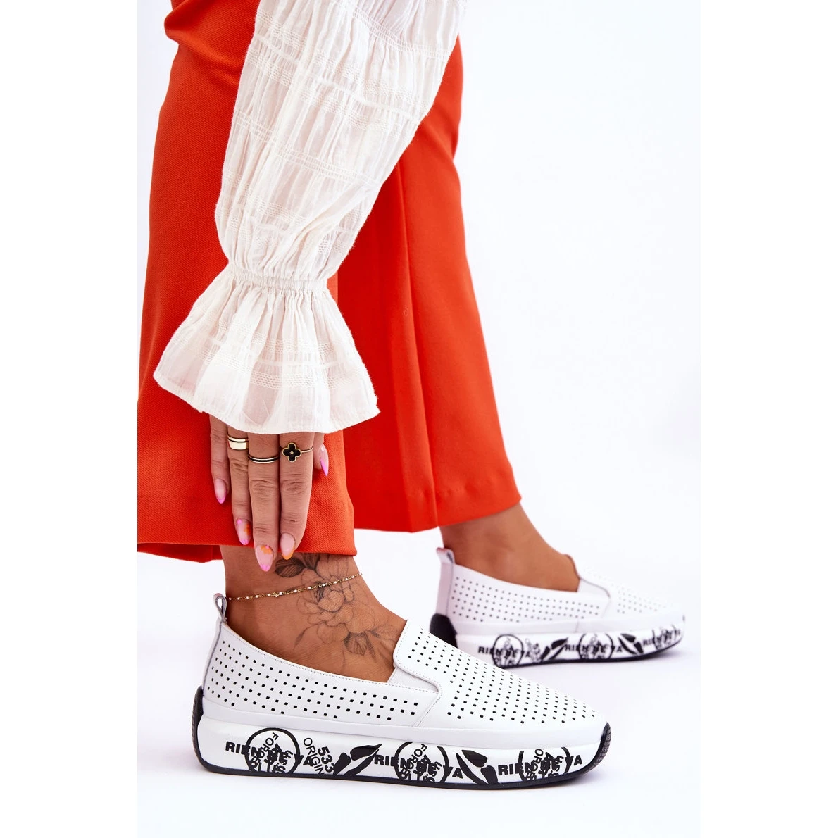 S.Barski Baskets Slip-On Ajourées En Cuir Blanc Gedra Blanche – Image 5