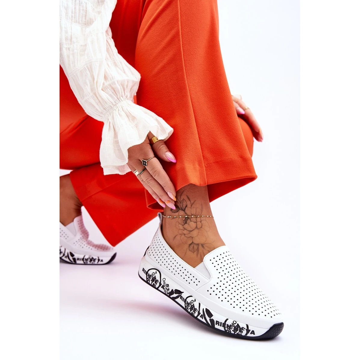 S.Barski Baskets Slip-On Ajourées En Cuir Blanc Gedra Blanche – Image 6