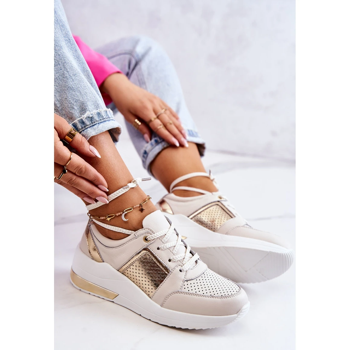 S.Barski Chaussures De Sport En Cuir Pour Femmes Sur Un Coin Beige Et Blanc Larson Blanche D'or – Image 6