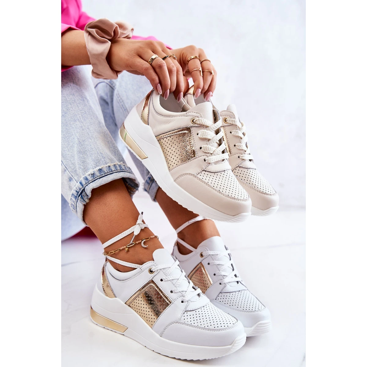 S.Barski Chaussures De Sport En Cuir Pour Femmes Sur Un Coin Beige Et Blanc Larson Blanche D'or – Image 8