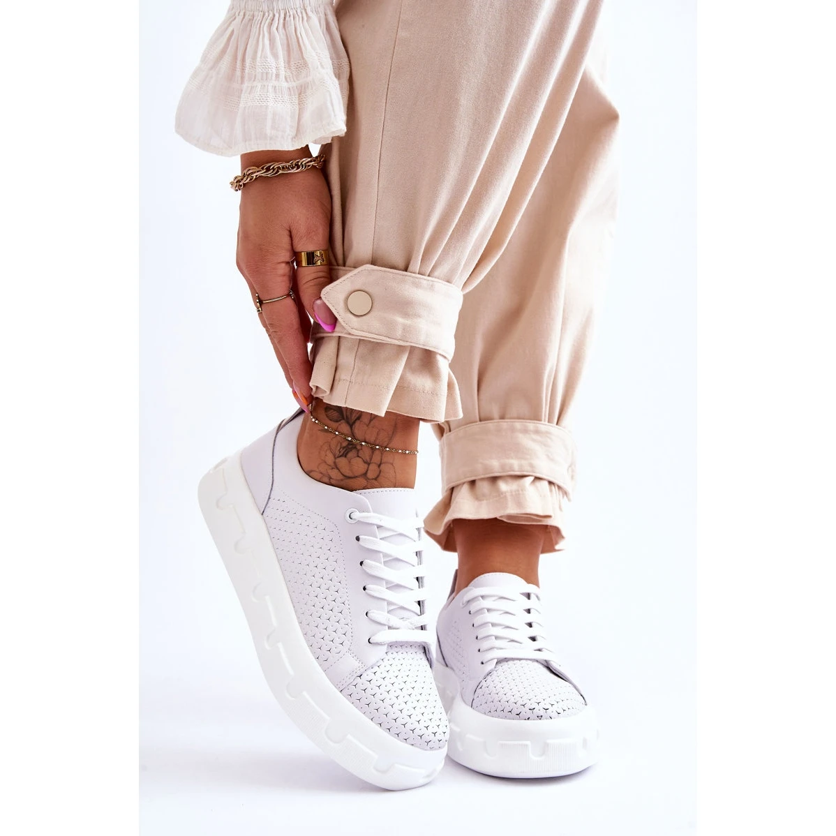 S.Barski Chaussures De Sport En Cuir Sur Une Plateforme Chunky Blanc Montigo Blanche