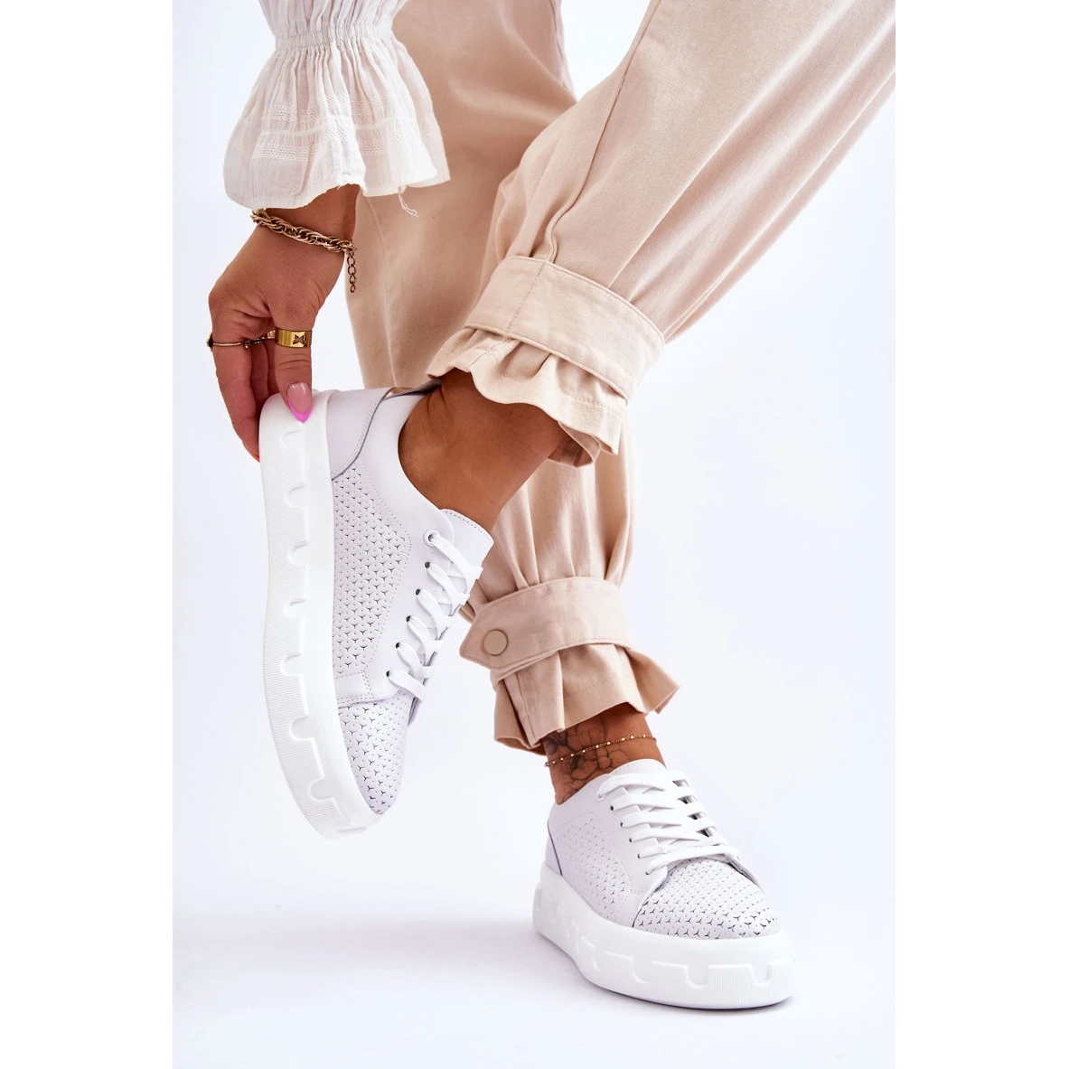 S.Barski Chaussures De Sport En Cuir Sur Une Plateforme Chunky Blanc Montigo Blanche – Image 2