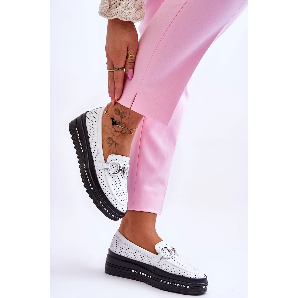 S.Barski Mocassins Classiques En Cuir Ajouré Avec Décoration Rendy Blanche – Image 3