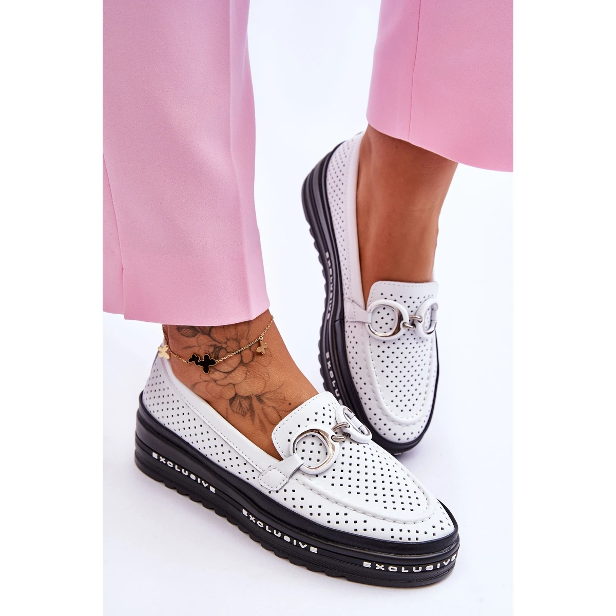 S.Barski Mocassins Classiques En Cuir Ajouré Avec Décoration Rendy Blanche – Image 4