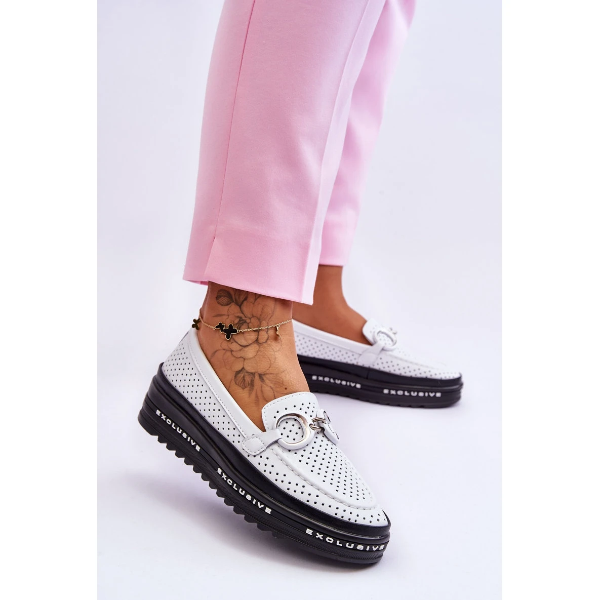 S.Barski Mocassins Classiques En Cuir Ajouré Avec Décoration Rendy Blanche – Image 5