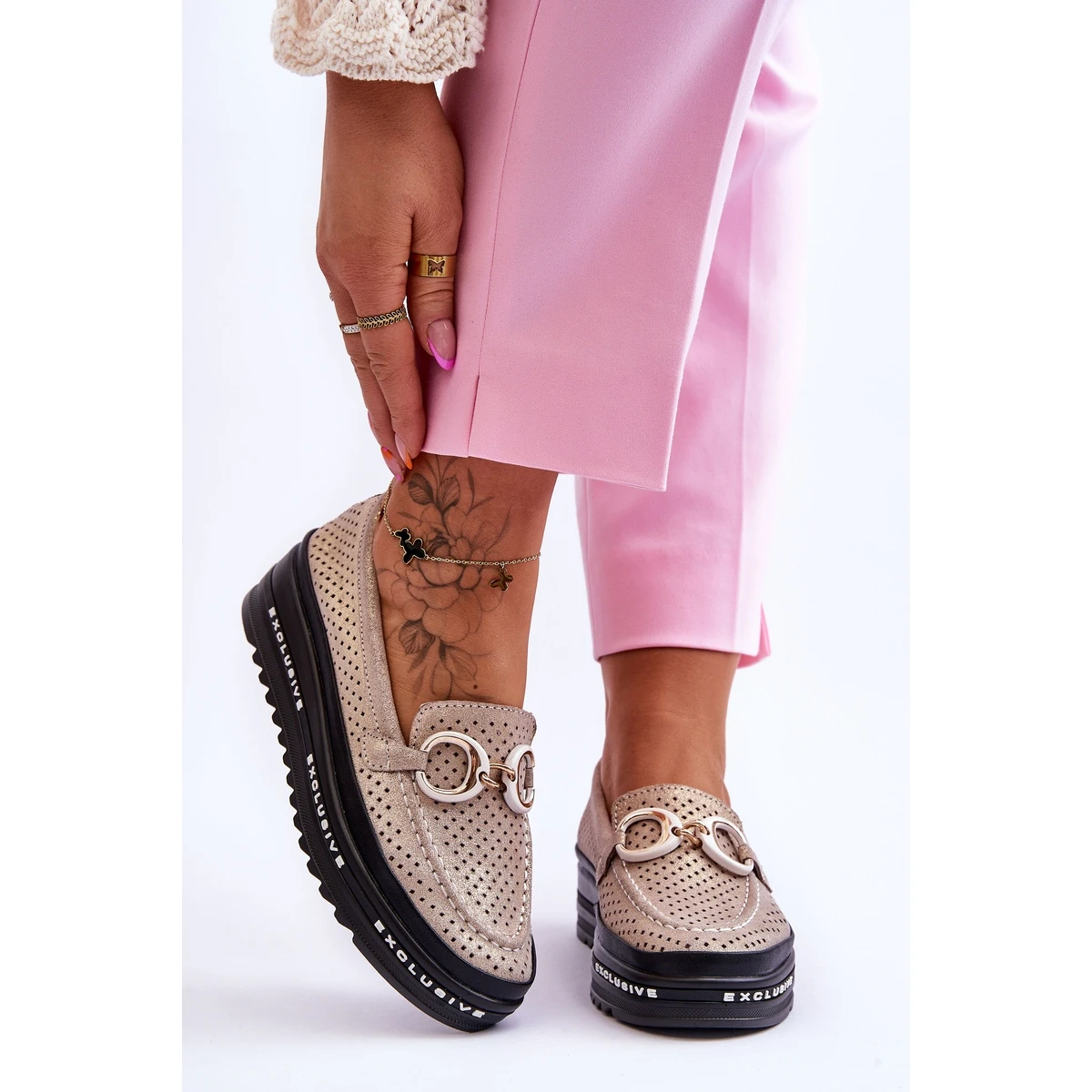 S.Barski Mocassins Classiques En Cuir Ajouré Avec Décoration Rendy Dorée D'or