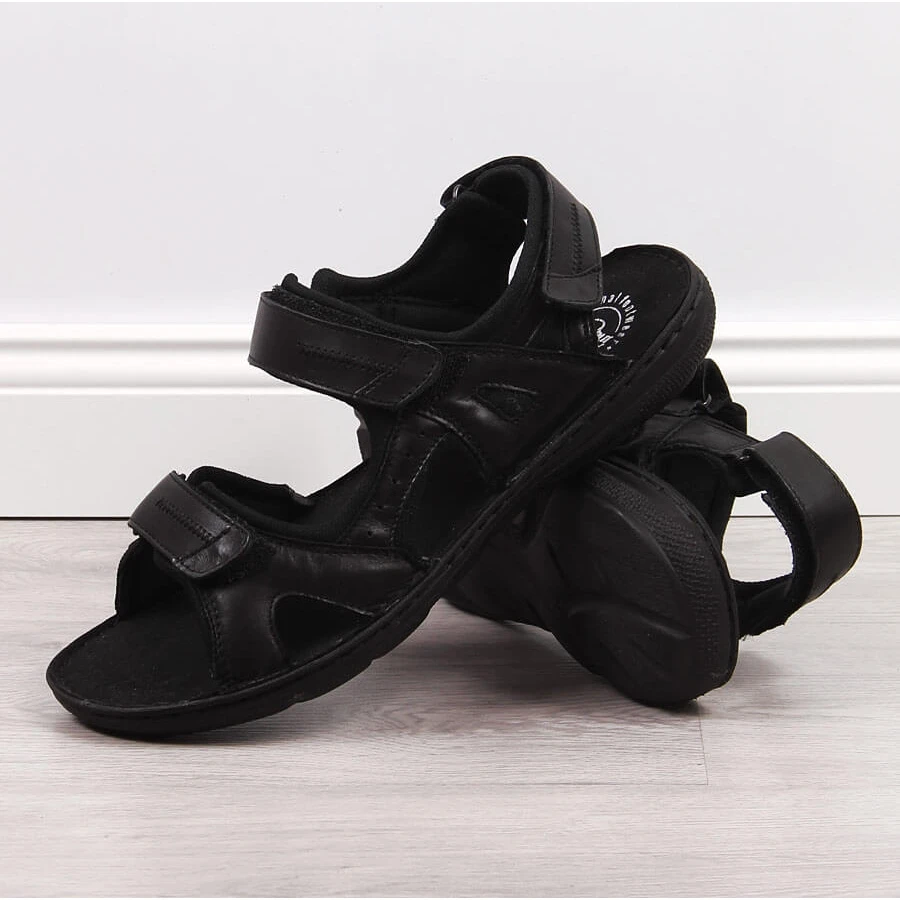 Sandales En Cuir Noir Pour Hommes Avec Fermetures Velcro Łukbut 991 Le Noir – Image 3