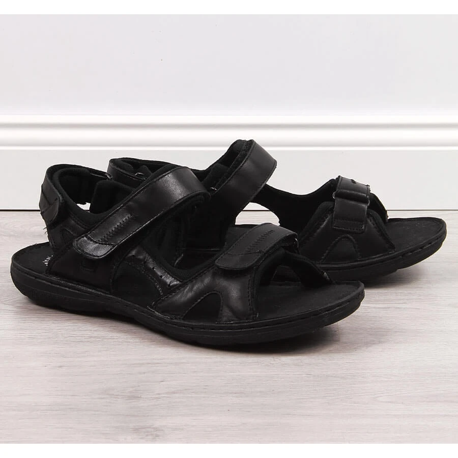 Sandales En Cuir Noir Pour Hommes Avec Fermetures Velcro Łukbut 991 Le Noir – Image 4
