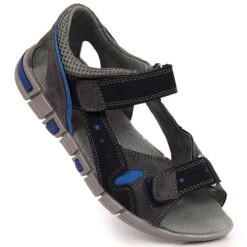Sandales Garçon à Scratch Bleu Marine Et Gris Kornecki 6186 Le Noir