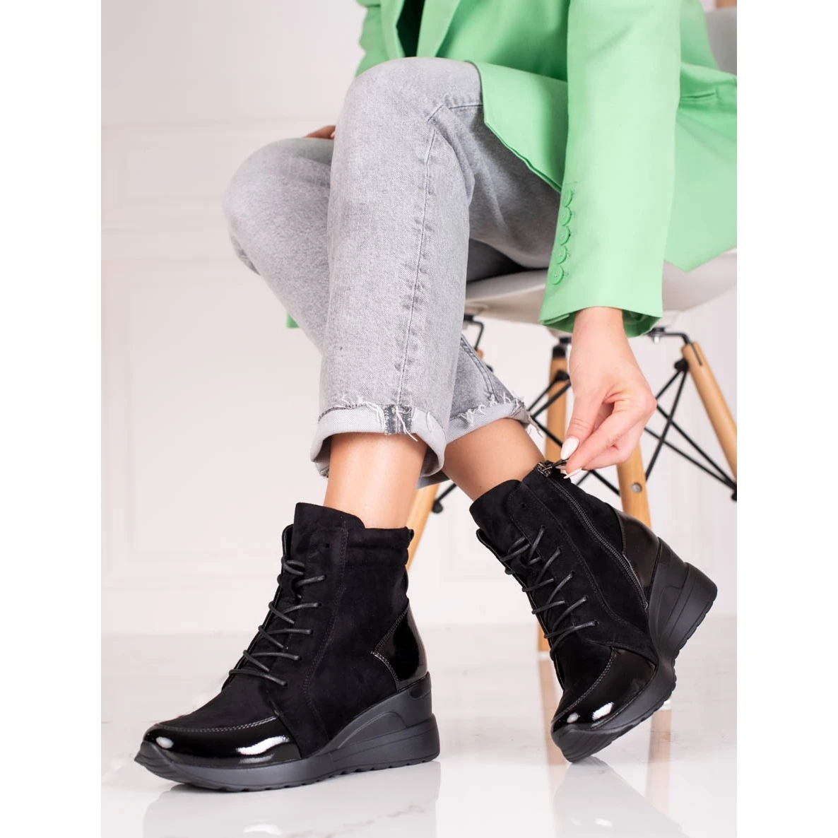 Vinceza Bottes Pour Femmes à Lacets Sportives Sur Le Coin Shelovet Le Noir – Image 2