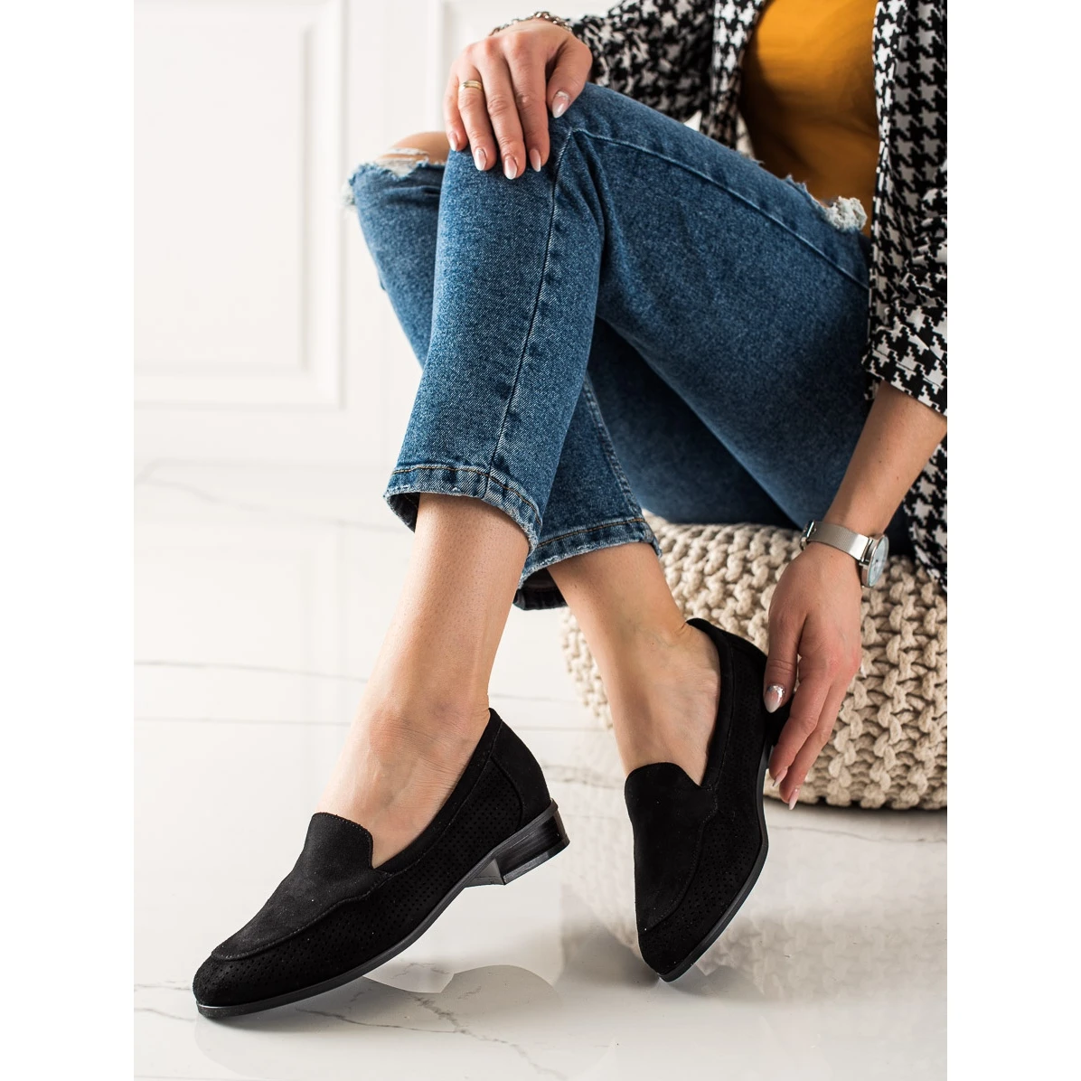 Vinceza Chaussures En Daim Ajouré Le Noir – Image 2