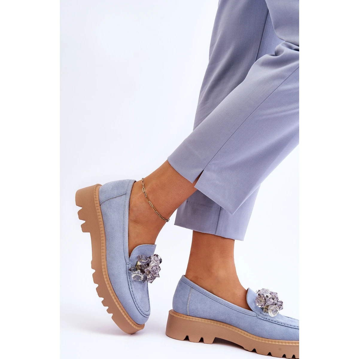 Vinceza Mocassins Mode En Daim Avec Cristaux Bleu Demeris – Image 2