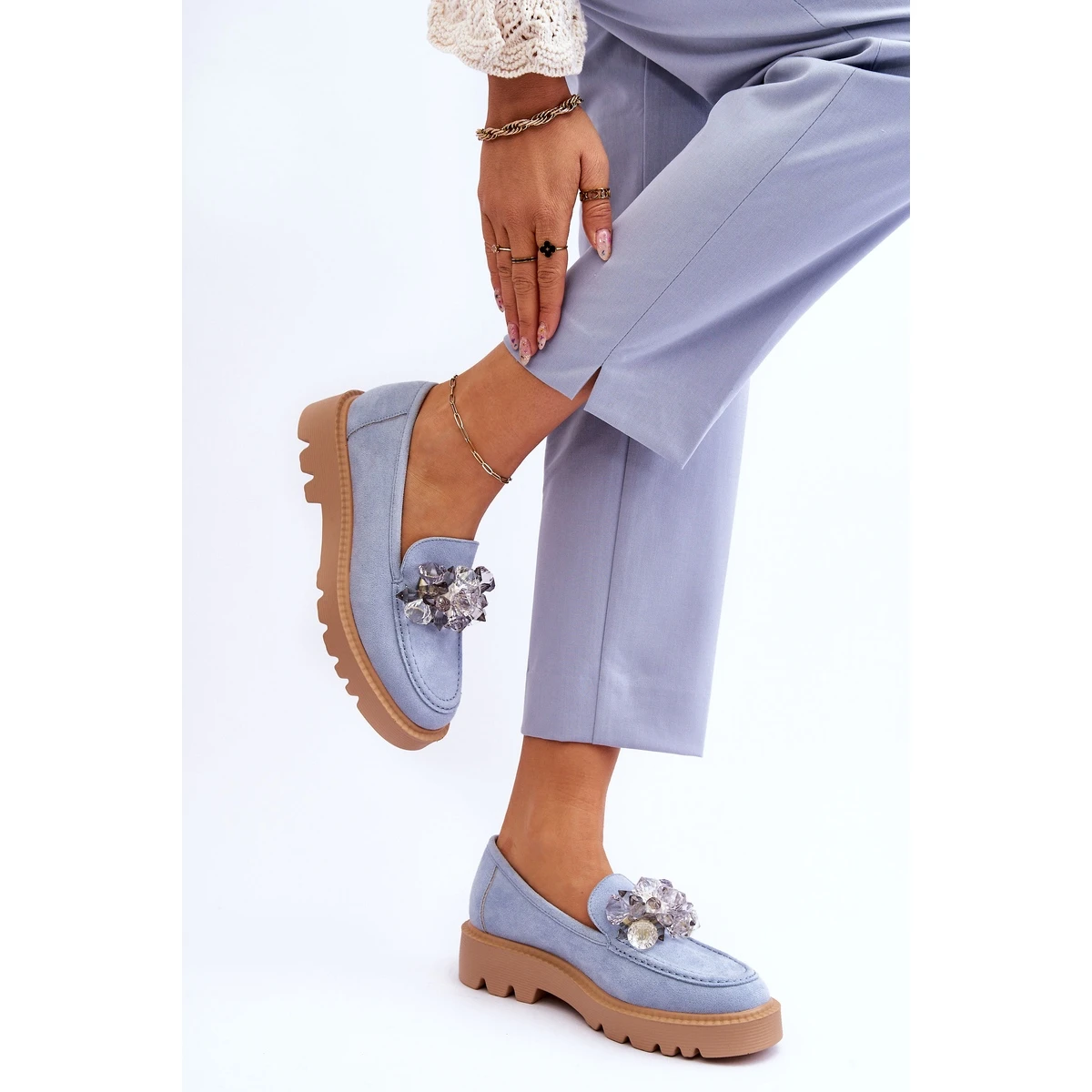 Vinceza Mocassins Mode En Daim Avec Cristaux Bleu Demeris – Image 3