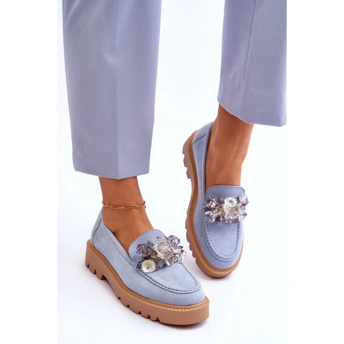 Vinceza Mocassins Mode En Daim Avec Cristaux Bleu Demeris – Image 4