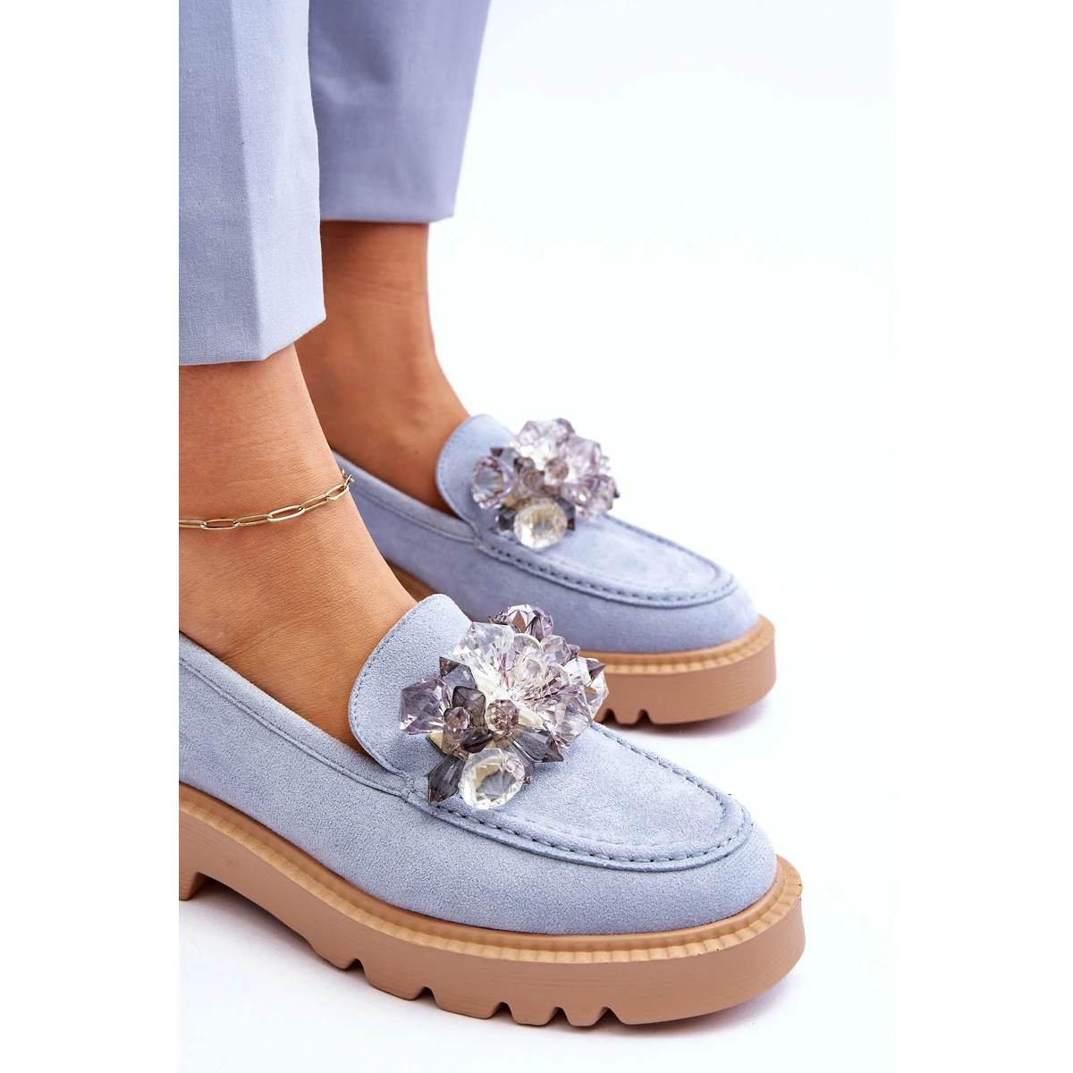 Vinceza Mocassins Mode En Daim Avec Cristaux Bleu Demeris – Image 5