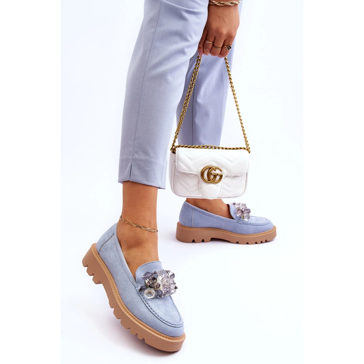 Vinceza Mocassins Mode En Daim Avec Cristaux Bleu Demeris – Image 6